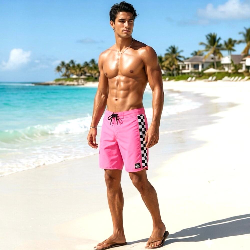 Vtg Quiksilver Board Shorts Mens M Pink Checkerboard Y2K 90s Surf Skate Retro